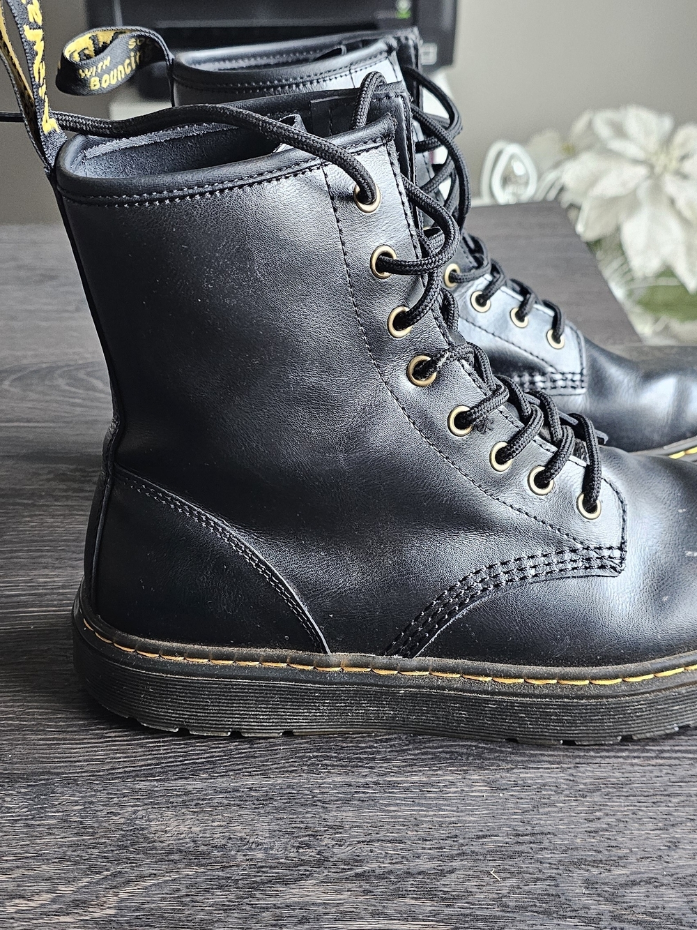 Dr. Martens Black Leather Lace-Up Ankle Boots with Gold Eyelets - Picture 2 of 8